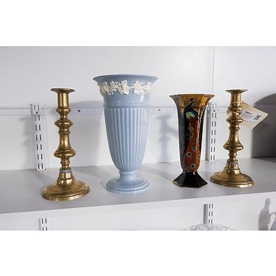 Wedgwood Queensware Vase 27 cm, Art Nouveau English Vase 23 cm and a  Pair of Brass Candlesticks (4)