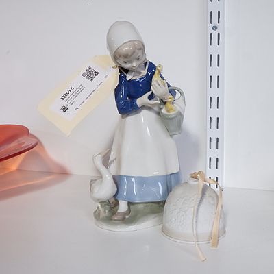 German Porcelain Figurine of a Girl with Ducks (26cm) and a Lladro Porcelain Bell (2)