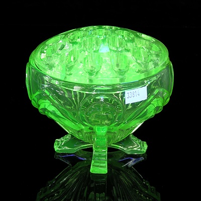 Art Deco Uranium Glass Pedestal Vase with Frog