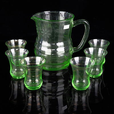 Art Deco Uranium Glass Water Jug with Etched Floral Motif and a Set of Six Glasses