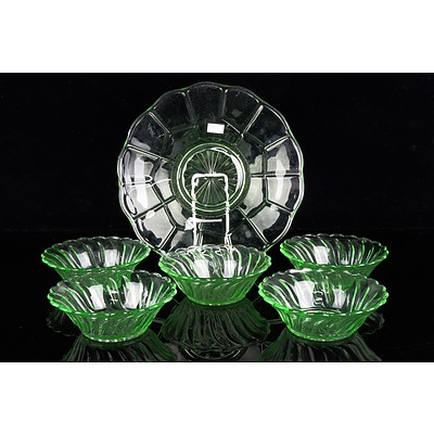 Vintage Uranium Glass Round Cake Plate and Five Small Bowls