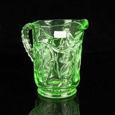 Vintage Uranium Glass Water Jug with Fruit Motif