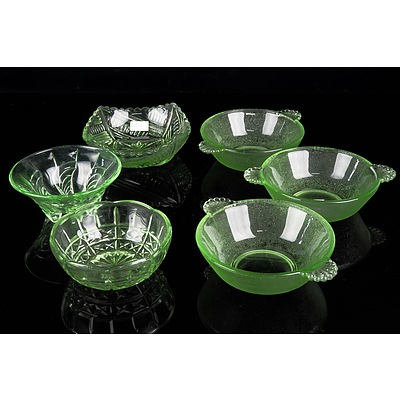 Six Various Uranium Glass Dessert Bowls