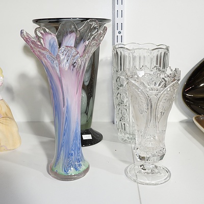 Two Art Glass Vases, Italian Prism Vase, and Pressed Glass Vase