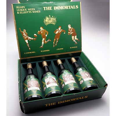 Boxed Four Bottle Set of 1977 Elliotts Wines Rugby League Immortals - Churchill, Gasnier, Raper, Fulton