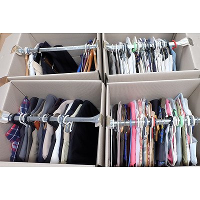 20 Large Boxes of Assorted Clothes, Ties, Suits, Linen, Doonas, Towels, Teatowels, Doilies, Shoes, Pillows, Bags and More