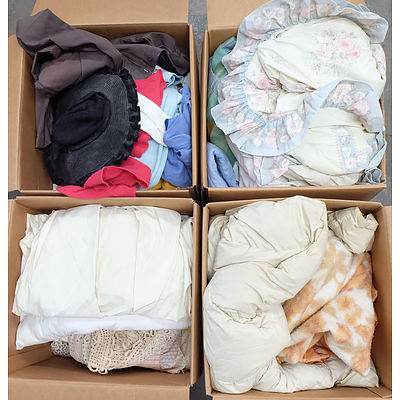 20 Large Boxes of Assorted Clothes, Ties, Suits, Linen, Doonas, Towels, Teatowels, Doilies, Shoes, Pillows, Bags and More
