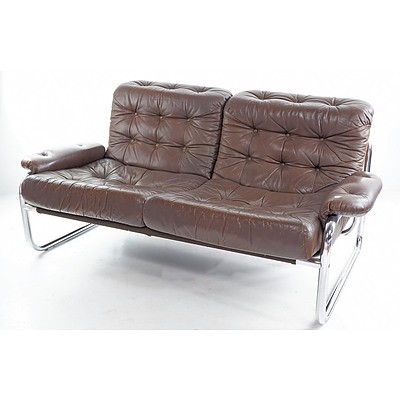 Circa 1970s Tubular Chrome Framed Two Seat Settee with Brown Leather Upholstery
