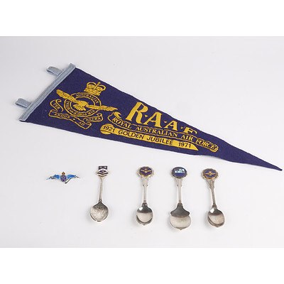RAAF 1921-1971 Jubilee Pennant, Military Themed Souvenir Spoons and RAAF Lapel Pin