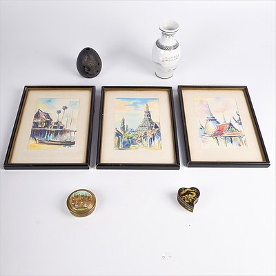 Three Small Asian Watercolours, Two Enamelled Pill boxes, Vase and Incense Burner