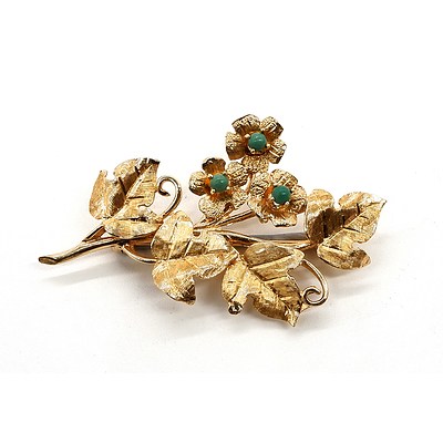 14ct Yellow Gold Floral Brooch with Green/Blue Turquoise, 5.8g