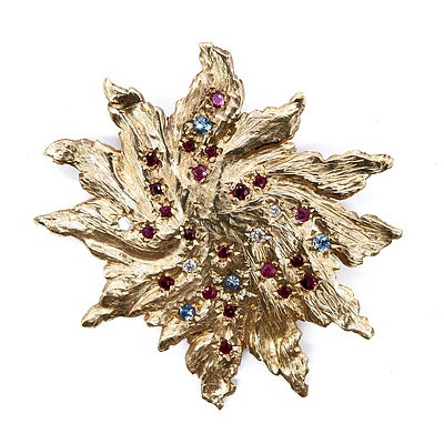 14ct Yellow Gold Starburst Brooch with Natural Rubies and Coloured Paste, 18.3g