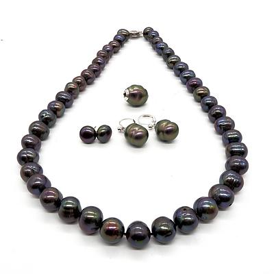 Strand of Freshwater Dyed Black Pearls with Matching Earrings and Pearl Slider