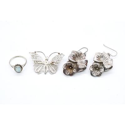 Pair of Sterling Silver Floral Earrings, Filigree Butterfly Brooch and Sterling Silver Created Opal Ring