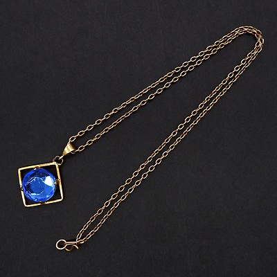 Rolled Gold Pendant with Blue Paste and Chain