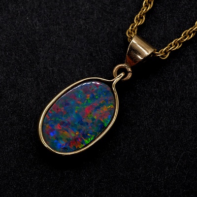 9ct Yellow Gold Black Opal Doublet on Gold Plated Chain