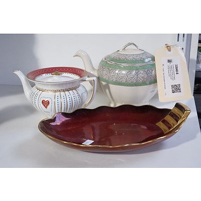 Grindley Creampetal Teapot, Wedgwood 'Queen of Hearts' Teapot and a Carltonware Rouge Royale Dish