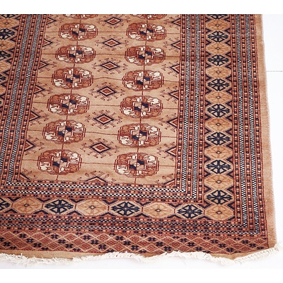 Persian Bokhara Hand Knotted Wool Pile Rug with Classic Gul Design