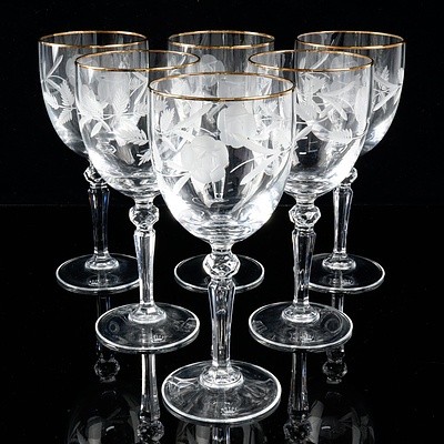 Set of Six Vintage Doulton Crystal Goblets with Gilded Rim and Etched Floral Decoration (6)