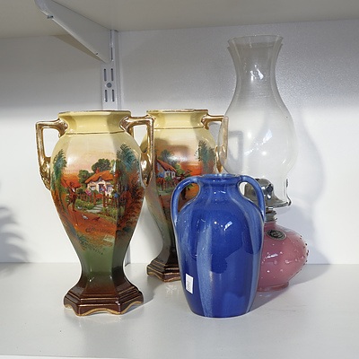 Pair of Vintage English Handled Vases, Australian Pottery Vase, and Vintage Glass Oil Lamp