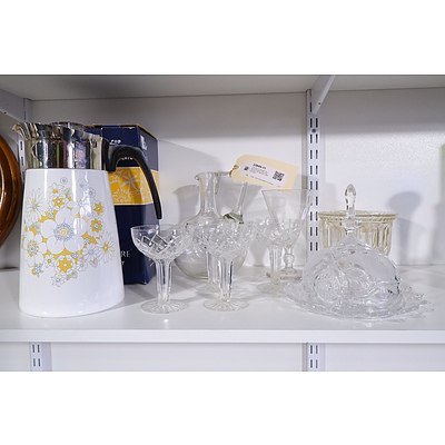 Collection of Vintage Crystal and Pressed Glass and a Boxed Corningware Coffee Percolator
