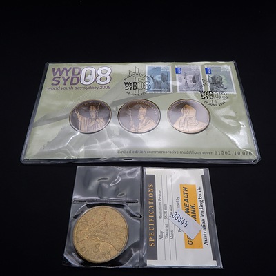 2008 World Youth Day Three Medallion Set No 01502/10000 and a Commonwealth Bank Five Dollar Commemorative Coin