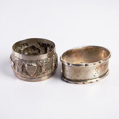 Vintage Birmingham Hallmarked Sterling Silver Napkin Ring and an Eastern Silver Napkin Ring - Both Engraved (2)