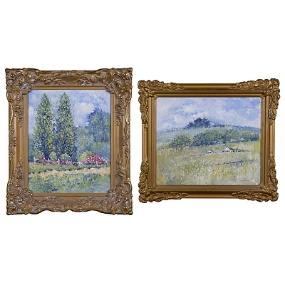 Two Oil Paintings by George Morris (20th Century, Australian), Green Poplars & Rural Bowral (2)