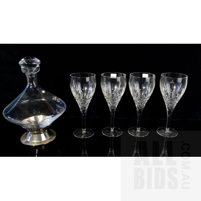 Set Four Royal Doulton Crystal Goblets with Original Labels and a Decanter on Silverplated Base
