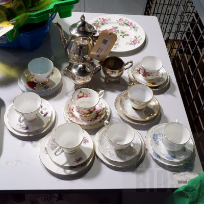 Collection Eight English Porcelain Trios with a Wedgewood Charnwood Plate and 3Pc Siverplated Tea Set (28)