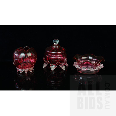 Three Vintage Cranberry Glass Dressing Table Dishes incl. Splash Form Vase