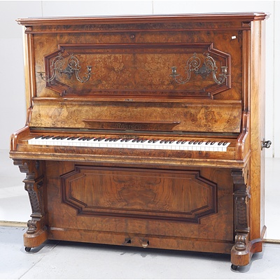 Antique Ronisch by Nicholson & Co Upright Grand Piano in Burr Walnut Cabinet with Original Sconces and Side Handles