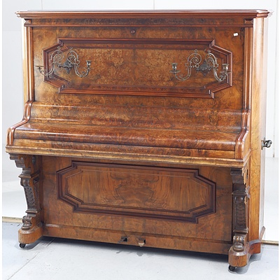 Antique Ronisch by Nicholson & Co Upright Grand Piano in Burr Walnut Cabinet with Original Sconces and Side Handles
