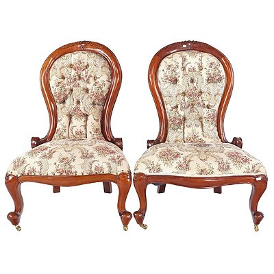 Pair of Victorian Mahogany Grandmother Chairs with Classical Style Upholstery