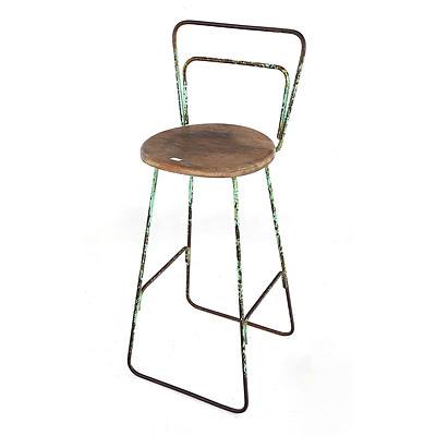 Retro Metal Framed Stool with Wooden Seat