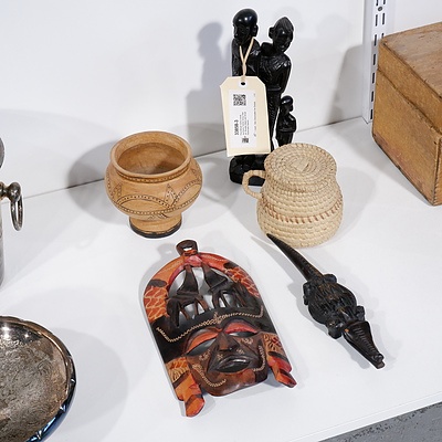 Five African Items Including Ebony Family Group Statue, Wooden Mask and Small Handmade Basket