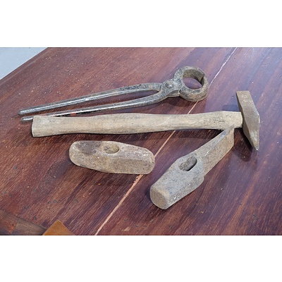 Antique Hammer, Two Hammer Heads and Blacksmiths Pincers