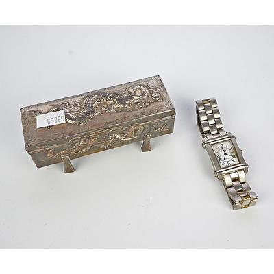 Japanese Silver Plated Cast Metal Trinket Box and Tank Watch Marked Cartier Paris