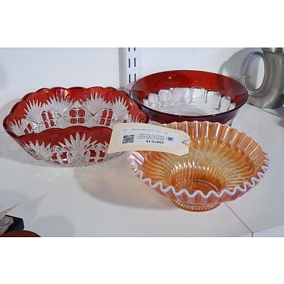 Iridescent Orange Carnival Glass Bowl, Two Vintage Cranberry Cut Glass Bowls