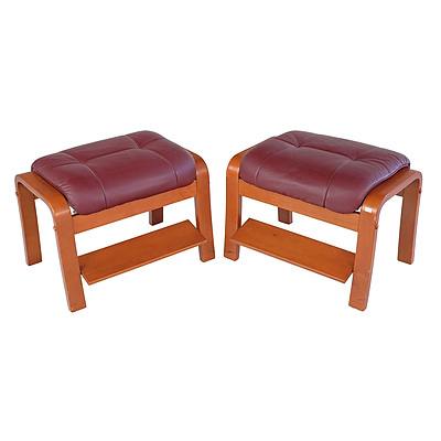 Pair of Vintage Moran Bentwood and Maroon Leather Adjustable Footstools