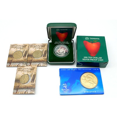 1991 $10 Silver Proof Coin, Three 1995 Uncirculated $1 Coins and Sydney 2000 Olympics $5 Athletics Medallion
