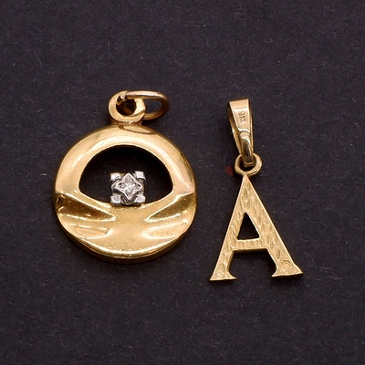 Two 9ct Yellow Gold Pendant with Small Single Cut Diamond (0.01ct), 1.8g