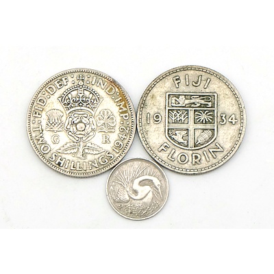 Fiji 1934 Florin, Singapore 1971 5 Cent Coin and 1942 Two Shilling Coin