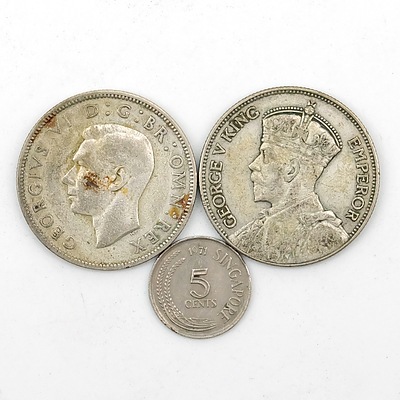 Fiji 1934 Florin, Singapore 1971 5 Cent Coin and 1942 Two Shilling Coin