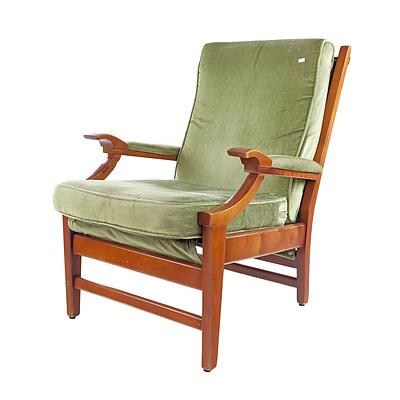 Retro Ash Framed Armchair in Green Fabric Upholstery