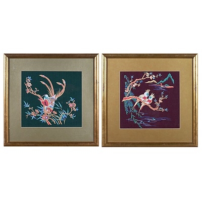 A Pair of Framed Oriental Bird Prints on Fabric, each 25 x 27 cm (2)