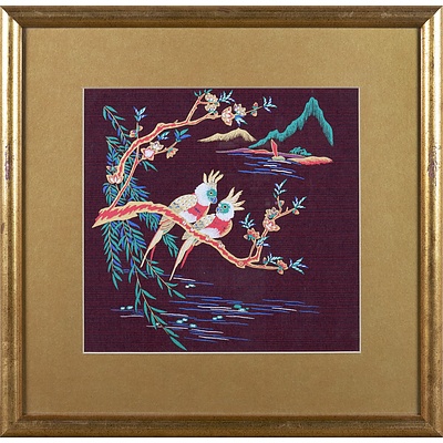 A Pair of Framed Oriental Bird Prints on Fabric, each 25 x 27 cm (2)