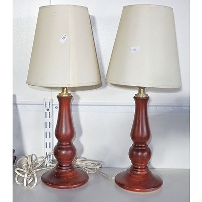 Pair of Turned Timber Side Lamps with shades and Timber Book Rest