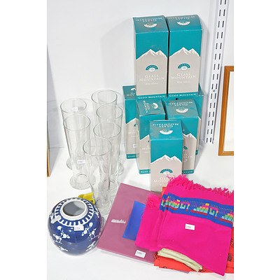Beer Glasses, Boxed Wine Glasses, Scarves, and Assorted Homewares