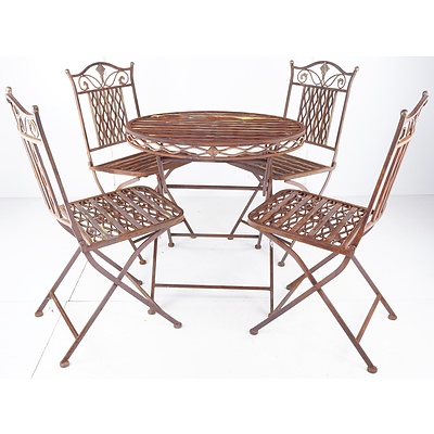 Vintage French Style Wrought Iron Patio Setting - Circular Table and Four Chairs - All Folding
